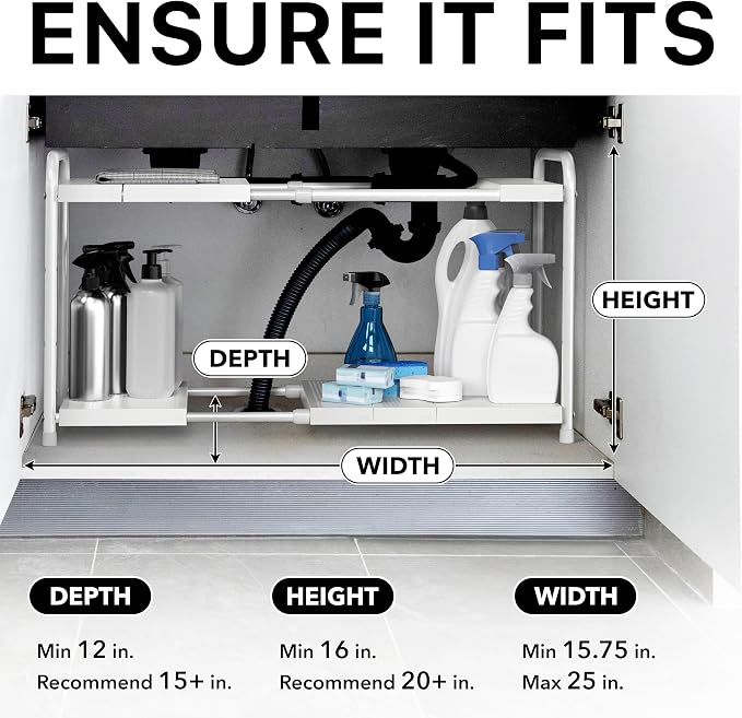Simple Houseware Under Sink 2-Tier Heavy Duty Expandable Organizer, White | Adjustable Width 15.75–25 Inches with 4 Shelf Height Levels