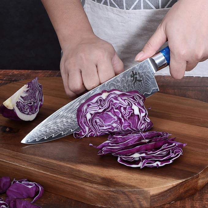 SAMCOOK Damascus Chef Knife - 8 Inch Professional Sharp Gyuto Knife,High Carbon Stainless Steel Kitchen Cooking knife - Ergonomic Blue Resin Wood Handle with Gift Box