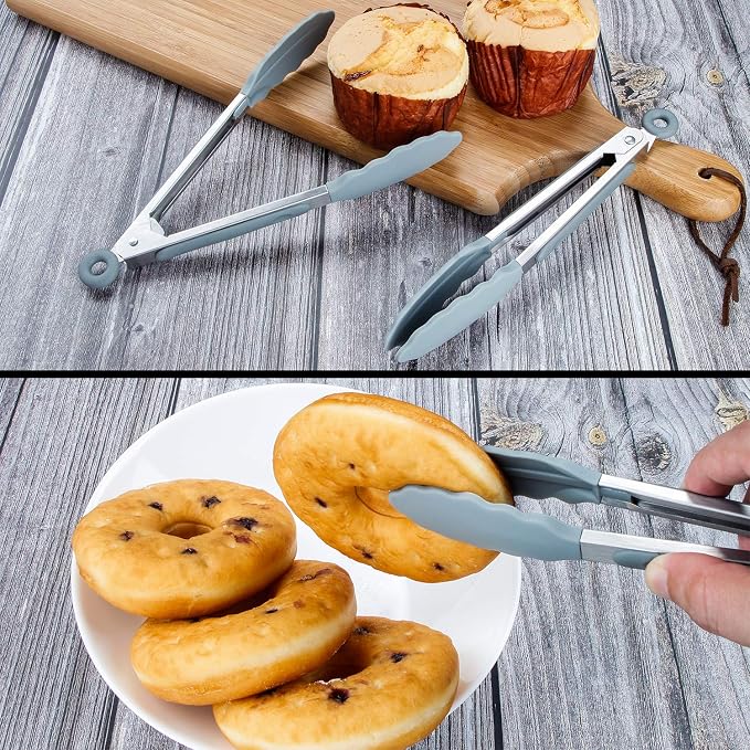 MSY BIGSUNNY Kitchen Food Tongs - 7" Mini Silicone Serving Tongs - Set of 3 (Gray)