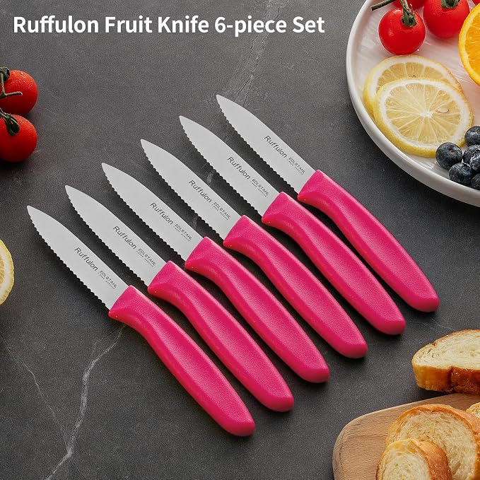 Stainless Steel Paring Knife With Serrated Blade, 6 Pieces Set Vegetable and Fruit Knife, Ultra Sharp Small Kitchen Knife, Rosy Paring Knives with PP Plastic Ergonomic Handle.