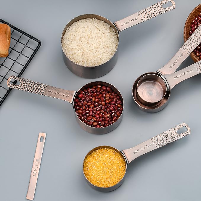 Copper Plated Measuring Cups and Spoons Set 14, Metrice & US Stainless Steel Measuring Cups and Spoons Set for Baking & Kitchen, 5 Measure Cups & 6 Measure Spoons & 1 Leveler & 2 Rings