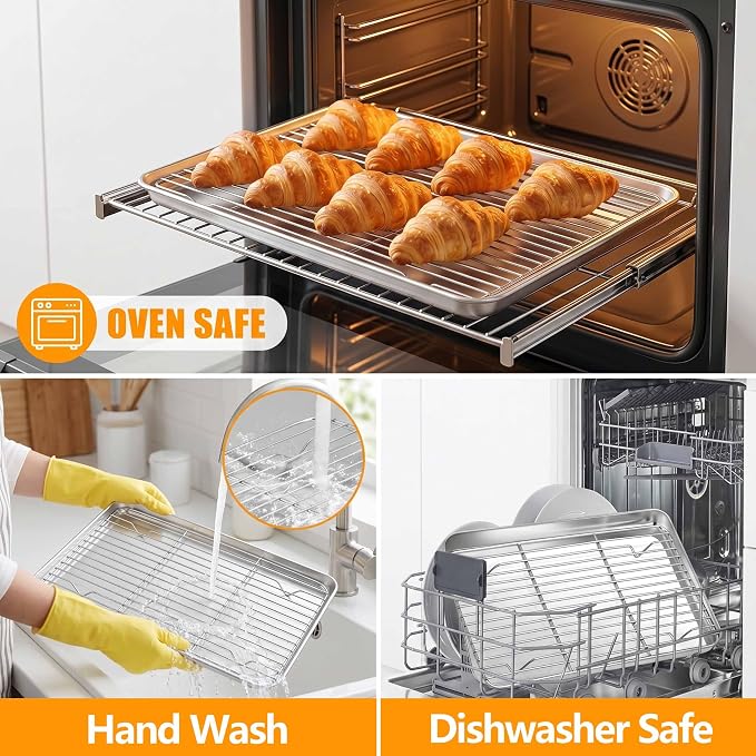 Homikit Baking Sheet with Wire Rack Set (4 Pans + 4 Racks), 16/12/10/9 Inch | Stainless Steel Sheet Pans with Cooling Racks for Oven, Heavy Duty Metal Cookie Bacon Baking Trays Non Toxic, Dishwasher Safe