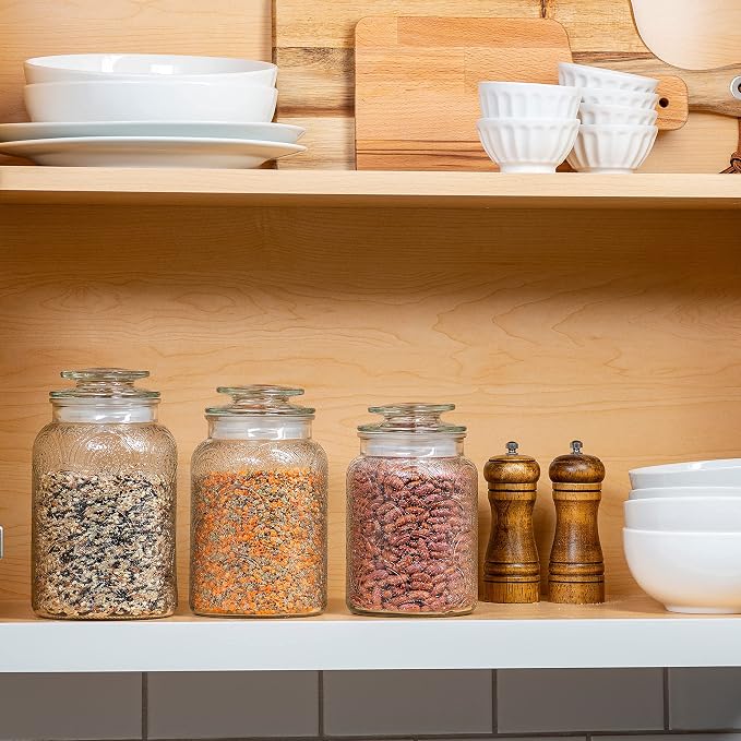 Le'raze Food Storage Containers with Airtight Lids - Retro Design - Pantry Organization, Glass Canisters Storage for Cookies, Tea, Sugar, Candy Jars, Sugar Packet, Set of 3