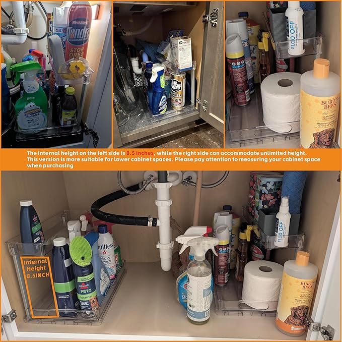 2 Pack 14.6″ Deep Pull Out Under Sink Organizer,10.8″ High 2 Tier Slide Out Cabinet Organizer for Kitchen Cabinet,Undersink Organizers,Under Sink Shelves,Bathroom Organizers and Storage,Clear