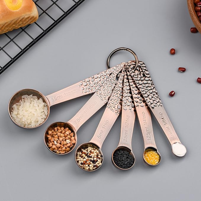 Copper Plated Measuring Cups and Spoons Set 14, Metrice & US Stainless Steel Measuring Cups and Spoons Set for Baking & Kitchen, 5 Measure Cups & 6 Measure Spoons & 1 Leveler & 2 Rings