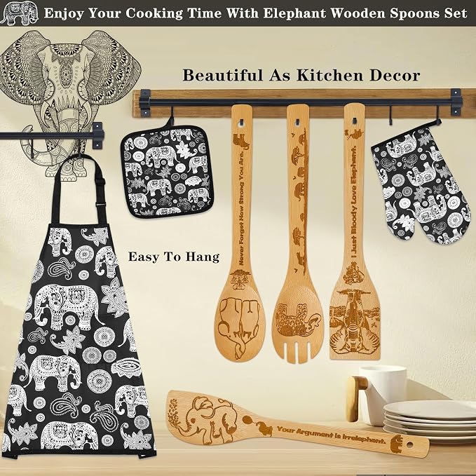 Elephant Gifts for Women,8pcs Elephants Bamboo Cooking Utensil Spoons with Apron Oven Mitt Potholder,Personalized Elephant Gift for Mom,Housewarming Kitchen Decor,Easter,Birthday,Fathers Day