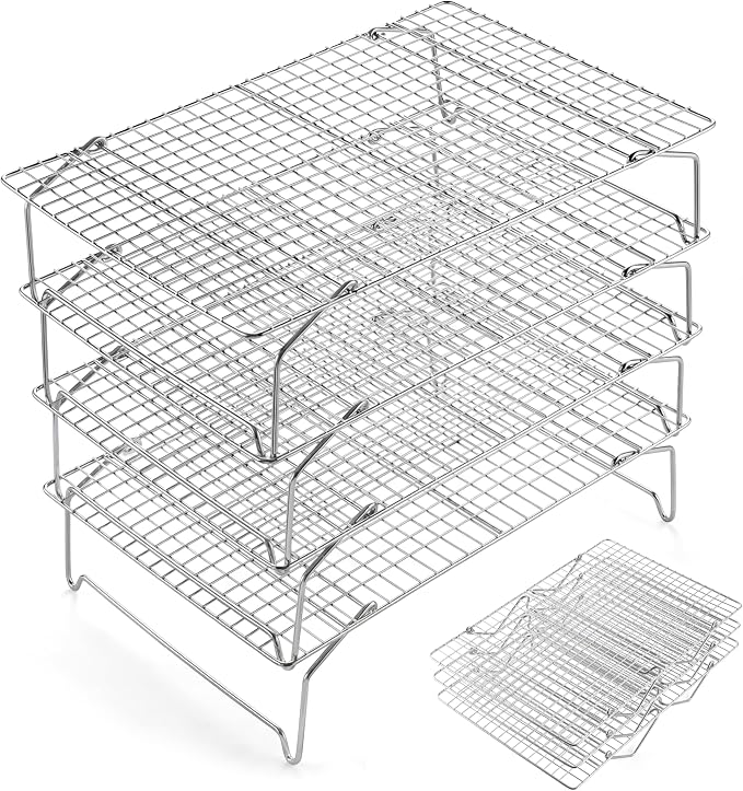 E-far Cooling Rack 15”x10”, 4-Tier Collapsible for Cooking and Baking | Tight-Wire Stainless Steel Cookie Rack for Baking Sheet, Oven, Roasting, Stackable & Space Saving, Dishwasher Safe