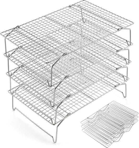 E-far Cooling Rack 15”x10”, 4-Tier Collapsible for Cooking and Baking | Tight-Wire Stainless Steel Cookie Rack for Baking Sheet, Oven, Roasting, Stackable & Space Saving, Dishwasher Safe