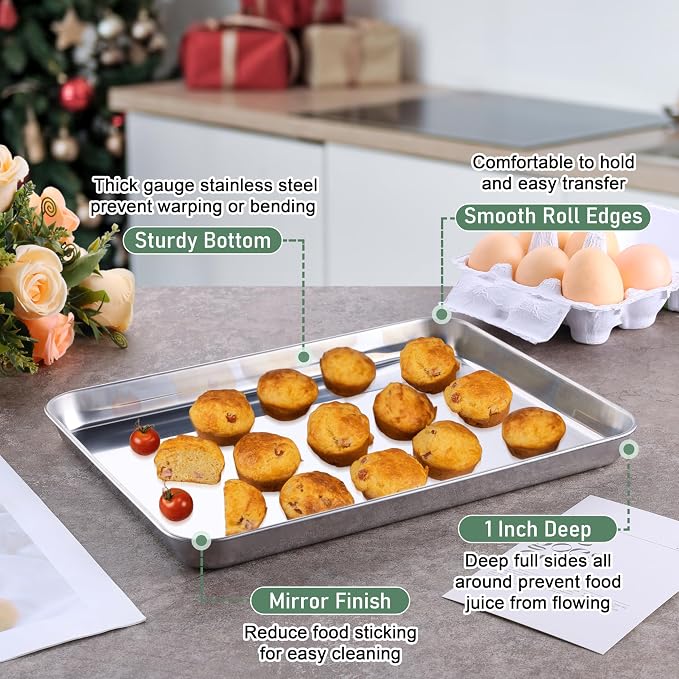 Homikit Quarter Sheet Pan with Wire Rack (2 Baking Sheet+2 Rack), 12" x 10" | Stainless Steel Quarter Baking Tray with Grid Cooling Rack for Toaster Oven Roasting, Metal Bacon Cookie Pan, Dishwasher Safe