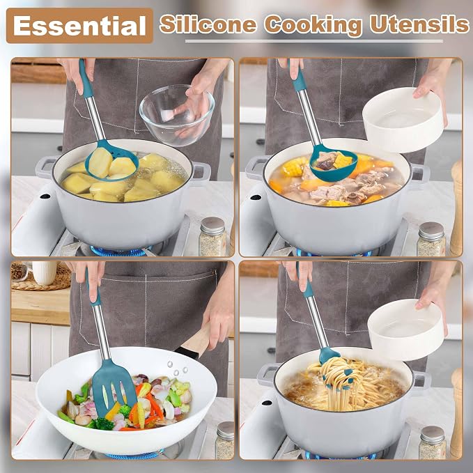 LIANYU Silicone Kitchen Cooking Utensils Set, 6Pcs Heat Resistant Kitchen Tools Spatula for Nonstick Cookware, Slotted Turner, Spoon, Soup Ladle, Pasta Server, Skimmer, Tongs, Blue
