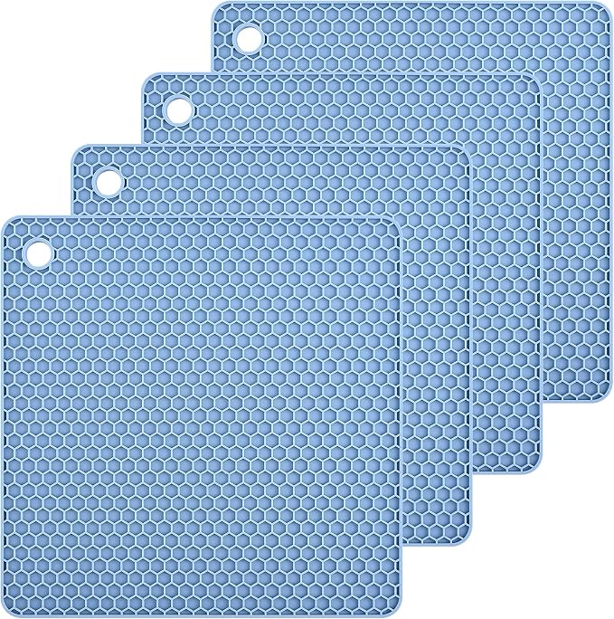 Silicone Trivets Mats Silicone Pot Mat for Countertop Trivet Pads Heat Resistant Table Placemats 4 Pack,Size:7.5x7.5 Inch, Shape: Square (Grey Blue)