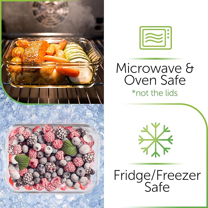 PrepNaturals 8 Pack 36oz Glass Meal Prep Containers - 1 Compartment | Square Borosilicate Glass Meal Prep Containers - Airtight Leak-Resistant Lids, Microwave, Oven & Freezer Safe (8-Pack, 36 oz)