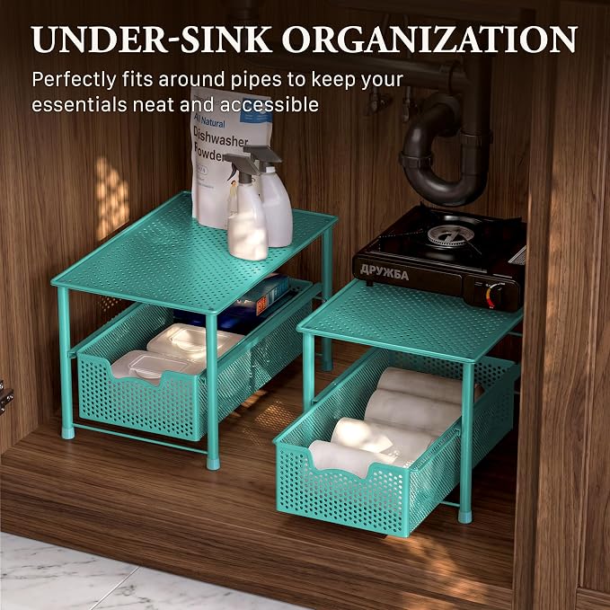 Simple Houseware Stackable Under Sink Sliding Basket Drawer, Turquoise | Perforated Free Standing Organizer, Kitchen/Pantry/Cabinet/Counter