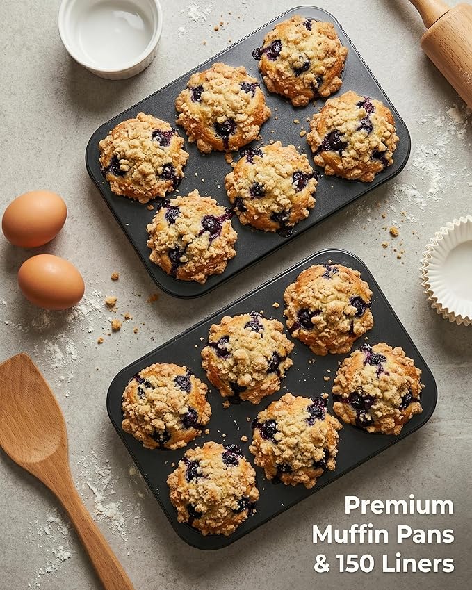 CARTMAN 2-Pack Jumbo Muffin Pan with 150 Liners, 12.6" x 8.3", Nonstick | 6-Cup, 3.5" XL Cups, Bonus Liners, Carbon Steel, PTFE-Free, 450°F Oven Safe, Extra Large Muffin Pan, XL Treats, Egg Bites