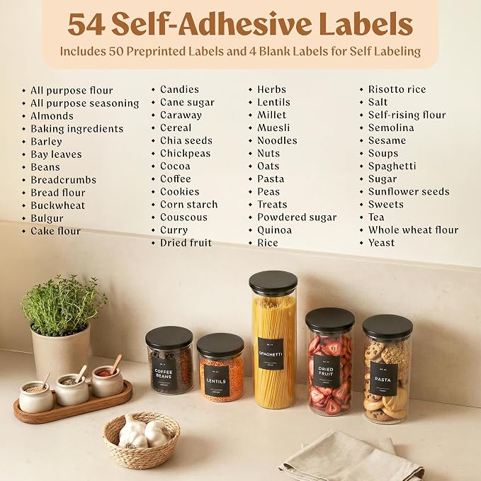 Glass Pantry Storage Jars Containers with Black Lids and Labels - Set of 5 | Extra Thick Round Glass Canisters with Black Lids and 54 Pre-printed Pantry Labels keeps dry Goods Fresh and Organized