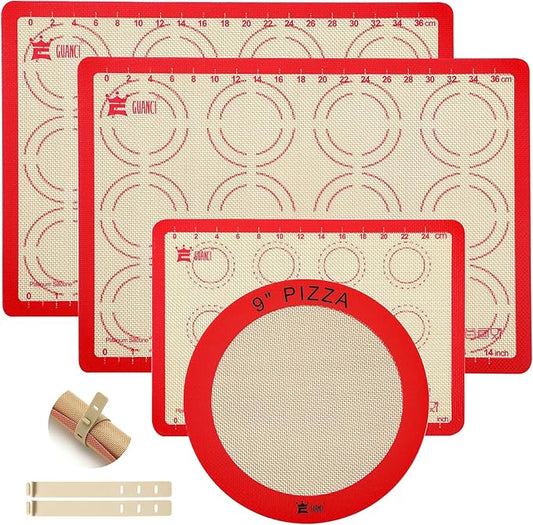 GUANCI Silicone Baking Mat Set of 4, 2 Medium 16.5"x11.6", 1 Small 11.8"x8.4", 1 Piece 9" Round, All Mats 0.7mm Thick, Food Grade Non-Stick Reusable Baking Mats for Pizza, Bread, Pastry, Macarons