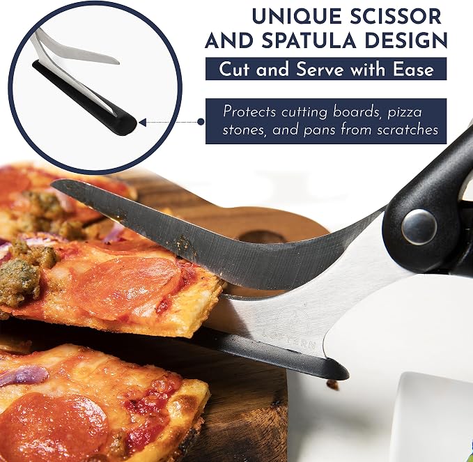 Pizza Scissors - Non-Stick Pizza Scissors with Firm Grip Base - Food Grade Stainless Steel Pizza Cutter - 5-in-1 Food Slicer & Pizza Server - Durable, Safe & Mess Free