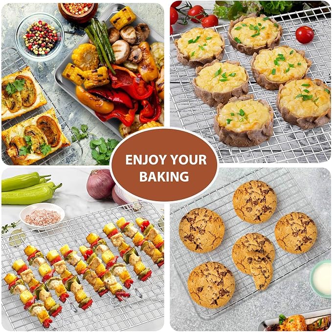 P&P CHEF 16 + 10.4 Inch Baking Sheet Pan and Cooking Rack - 4 Pieces | 2x Cookie Sheet + 2x Grid Rack, Stainless Steel Oven Tray with Wire Rack for Oven Baking, Healthy & Sturdy & Easy to Clean