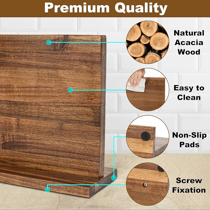 RedCall Magnetic Knife Holder, 16" Double Sided Acacia Wood Knife Block for Kitchen Counter,Strong Magnet Knife Strip for Chef Knife, Large Knife Storage with Non-Slip Base - Fits Up to 12 Knives