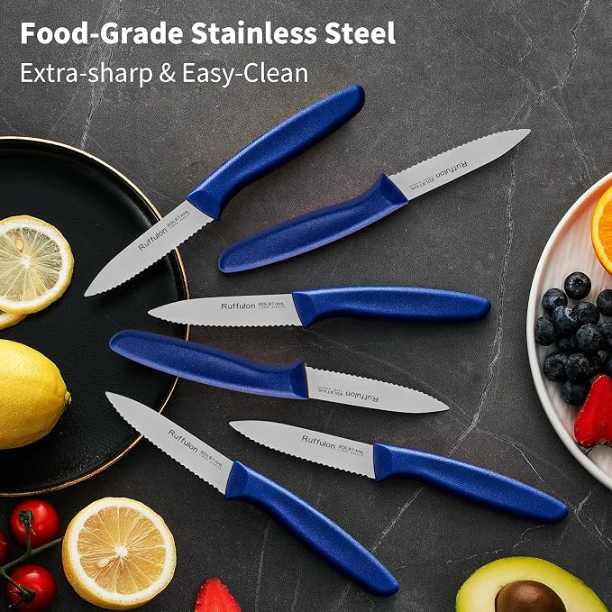 Stainless Steel Paring Knife With Serrated Blade, 6 Pieces Set Vegetable and Fruit Knife, Ultra Sharp Small Kitchen Knife, Blue Paring Knives with PP Plastic Ergonomic Handle.