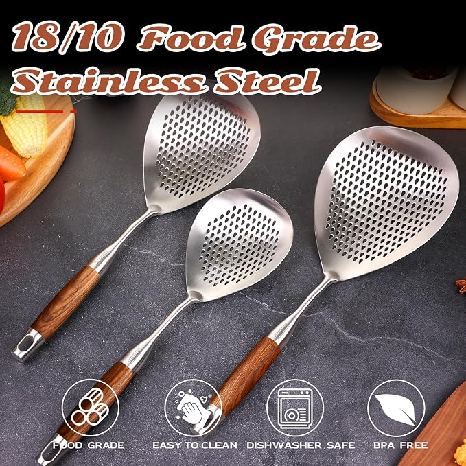 MARTE Skimmer Slotted Spoon,304 Stainless Steel Pasta Spider Strainer Ladle for Frying and Cooking,Kitchen Colanders & Food Strainers Set of 2，Slotted Spoon with Heat-Resistant Solid Wood Handle