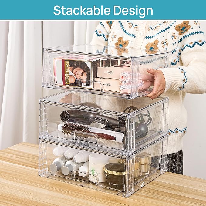 Vtopmart 6 Pack Large Clear Stackable Storage Drawers for Closet, Pantry | Easily Assemble Bathroom Closet Undersink Organizers,Plastic Bins for Cabinet,Kitchen Pantry,Medicine Organization