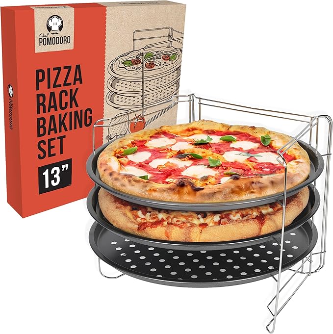 Chef Pomodoro Pizza Rack and Pan Baking Set, 13 Inch Foldable Cooling Stand | Space-Saving Foldable Design, Stainless Steel Cooling Rack for Oven & Grill, Non-Stick Perforated Serving Trays