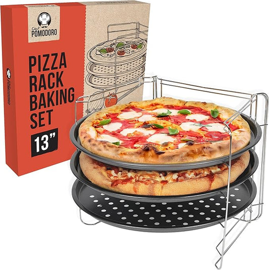 Chef Pomodoro Pizza Rack and Pan Baking Set, 13 Inch Foldable Cooling Stand | Space-Saving Foldable Design, Stainless Steel Cooling Rack for Oven & Grill, Non-Stick Perforated Serving Trays