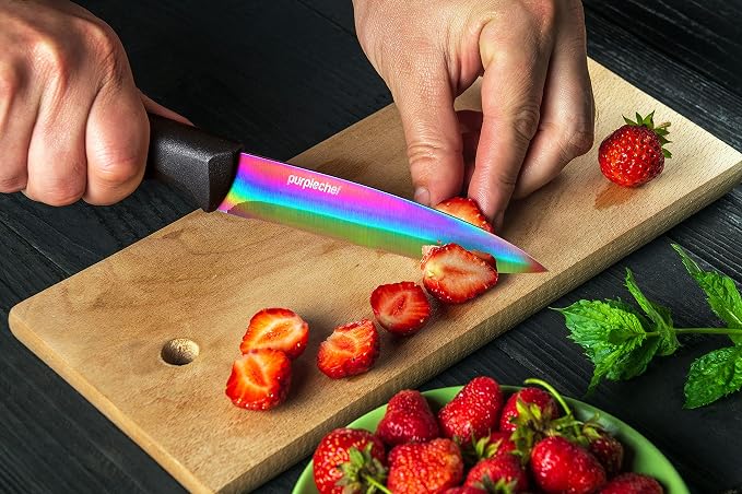 10 Pieces Iridescent Rainbow Titanium Coated Kitchen Knives Set. Includes 6 Stainless Steel Knives, Scissors, Knife Sharpener, Peeler, and Clear Acrylic Stand.