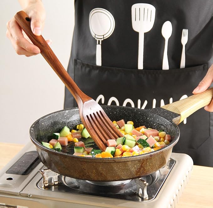 Wooden Kitchen Utensils Set with Holder, NAYAHOSE 9 Pcs Teak Wood Spoons for Cooking Spatula Set with Stainless Steel Storage Barrel