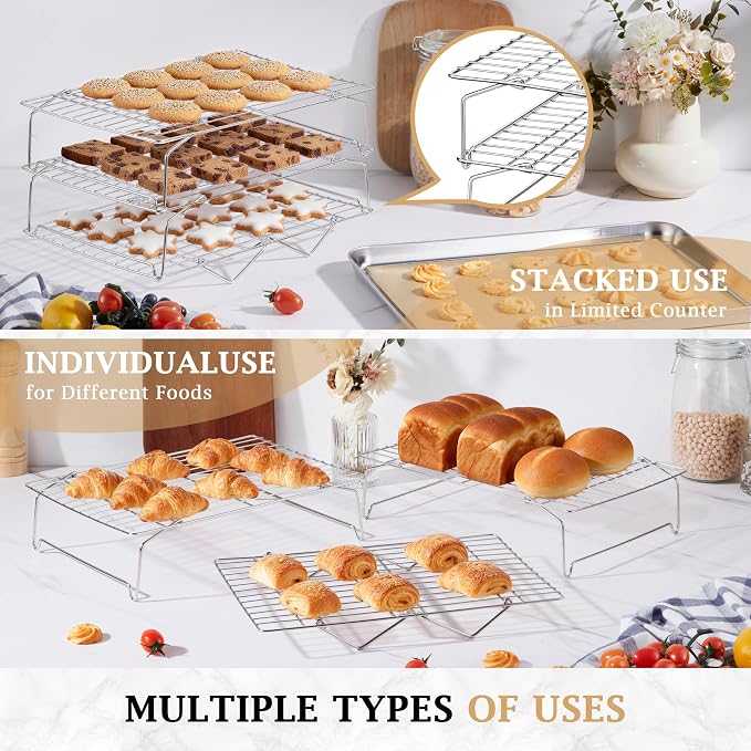 LIANYU 4-Tier Stackable Cooling Rack for Cooking & Baking, 10"x15", 2 Pack | Stainless Steel Collapsible Cooling Rack for Cookies, Cakes, Baking Wire Racks Fits Jelly Roll Pan, Oven & Dishwasher Safe