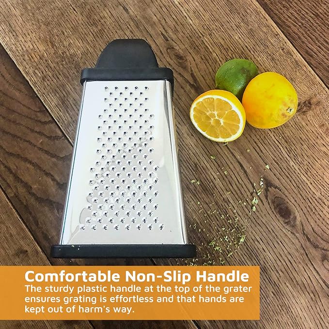 Jean-Patrique Stainless Steel Cheese Grater with Handle - Four-Sided Box, Dishwasher Safe - Pasmesan Cheese Shredder, Citrus Zester