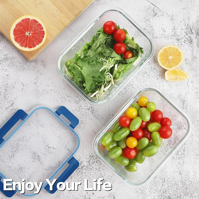 8-Pack 36oz Large Glass Meal Prep Containers with Leakproof Snap-Lock Lids | Borosilicate Glass Food Storage Containers and Bento Boxes , BPA-Free, Oven, Freezer and Dishwasher Safe-Deep Blue