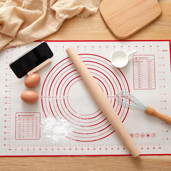 FoldTier Maple French Rolling Pin, Wood Rolling Pins for Baking with Silicone Baking Mat and Wood Base, Christmas Fondant Roller for Pie Crust Cookies Pastry Pizza Dough and Bread