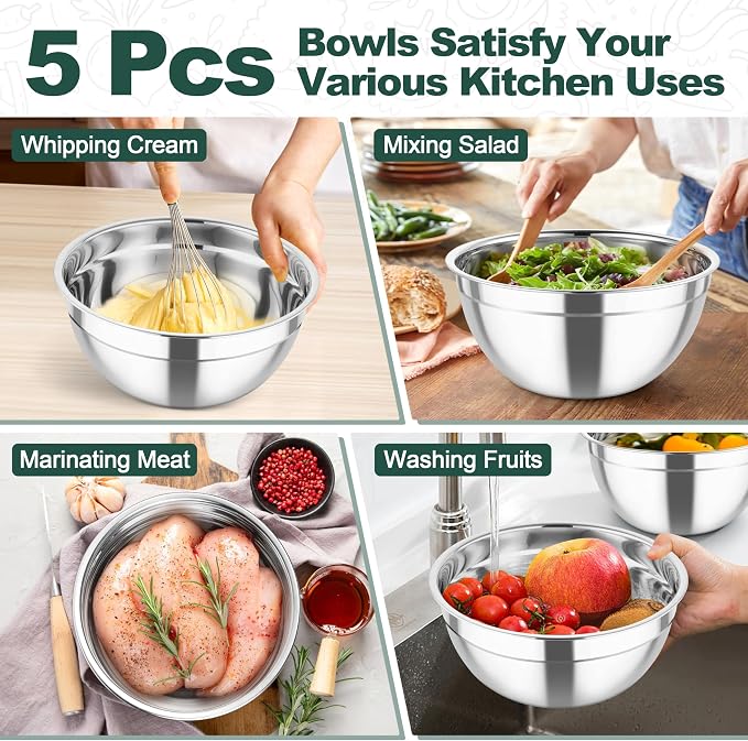 TeamFar Mixing Bowls, Stainless Steel Salad Serving Bowl with Clear Lids & 3 Graters, For Kitchen Cooking Prepping Storing, Size 4.6/2.6/1.5/1/0.7 QT, Nesting & Airtight, Set of 5 & Black