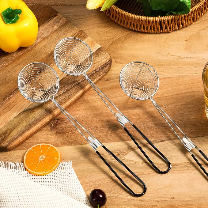 Geiserailie 8 Pieces Hot Pot Kit Strainer Scoops Stainless Steel 2.5 Inch Mini Spider Strainer Skimmer Pasta Mesh Spoon Asian Skimmer Spoon Ladle with Handle for Home (Black)
