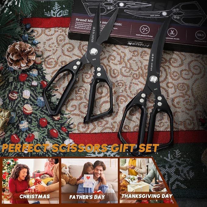 HUUSK Kitchen Scissors Set Black - Stainless Steel Kitchen Shears, Sharp Meat Scissors, Heavy Duty Poultry Shears All Purpose, Japanese Cooking Scissor for Food, Gifts for Men