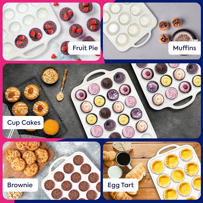 2 Pack Silicone Muffin Pans for Baking with Metal Reinforced Frame - Regular 12 Cup Silicone Muffin Pan & 24 Cup Mini Cupcake Pans - Silicone Cupcake Pan Set - Oven & Dishwasher Safe, BPA-Free