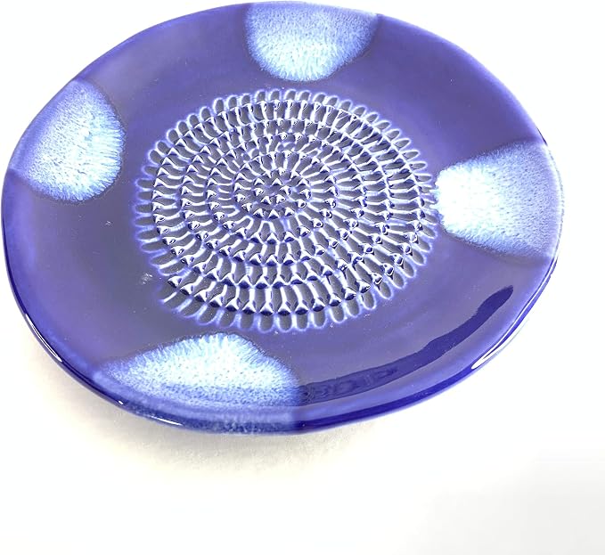BonCera, All-in-one Premium Ceramic Garlic Grater Plate 4-Piece Set - Blue Cross Glazed Design and Style - For Garlic, Ginger, Chocolate, and more! - Comes with 5.25" Plate, Peeler, Brush, and Stand