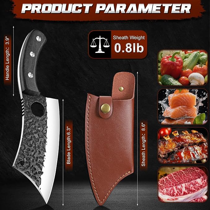 ROCOCO Meat Cleaver Butcher Knife - Full Tang Knife & Sheath Gift Idea Men | Sharp Hand forged Knife for Home Outdoor BBQ Camping Mother Father Gift Idea Men Black 6.3"