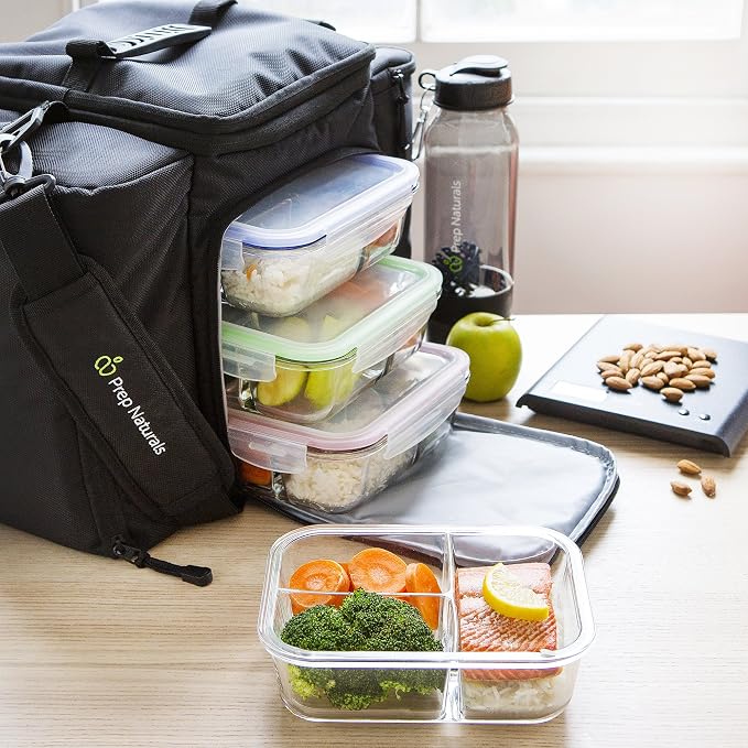 PrepNaturals 4 Pack 34oz Glass Meal Prep Containers - 3 Compartments | Borosilicate Glass Meal Prep Containers - Airtight Leak-Resistant Lids, Microwave, Oven & Freezer Safe (4-Pack, 34 oz)