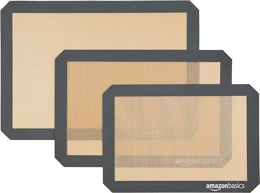 Amazon Basics Rectangular Non-Stick Silicone Baking Mat, Food Safe, Heat Resistant, 9"x13", 9.9"x14.8", and 16.5"x11.6", Beige/Gray, Pack of 3