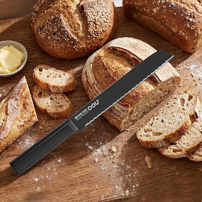 OOU® Black Blade 8 Inch Bread Knife with AgShield™ & Cerablack™ Technology, Rust-Resistant & Easy-Clean Finish, Serrated Edge for Sourdough, Bagels & Cake