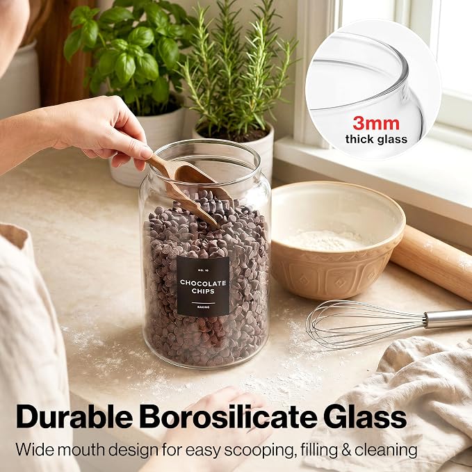 Glass Pantry Storage Jars Containers with Black Lids and Labels - Set of 2 | Extra Thick Round Glass Canisters with Black Lids and 63 Pre-printed Pantry Labels keeps dry Goods Fresh and Organized