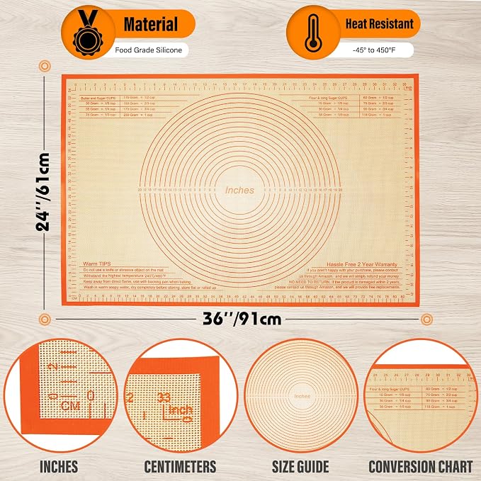 Silicone Pastry Mat 34x26 Inch Nonstick Baking Mat -Perfect for Doug, Pastry, Dough Rolling, Kneading Board, Pie Crust, Fondant, Pasta/Pizza, Kitchen Counter Mat