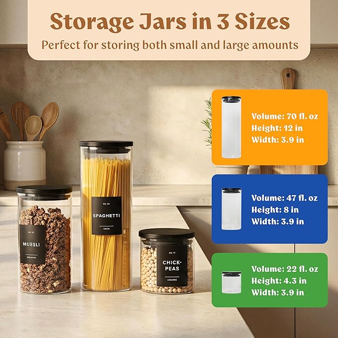 Glass Pantry Storage Jars Containers with Black Lids and Labels - Set of 5 | Extra Thick Round Glass Canisters with Black Lids and 54 Pre-printed Pantry Labels keeps dry Goods Fresh and Organized
