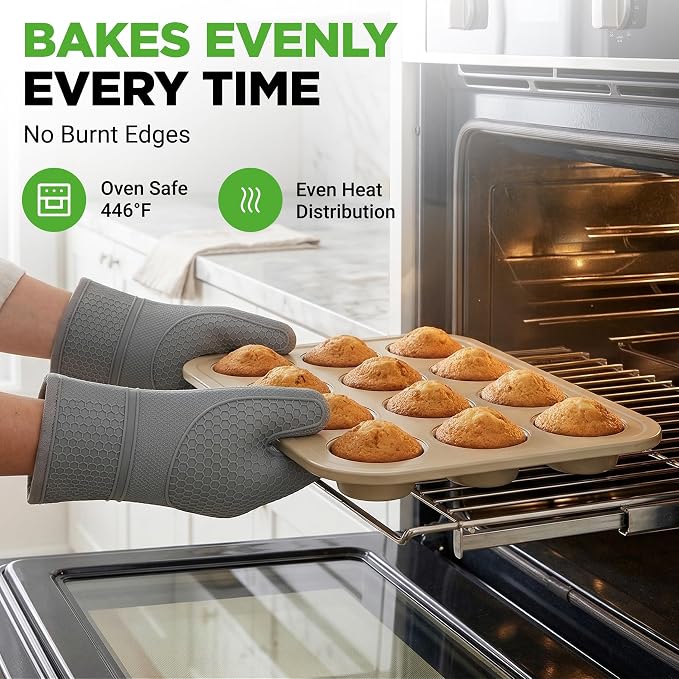 NutriChef Muffin Pans for Baking 2-Pack | Nonstick 12 Mold Cupcake Tins | Non-Toxic Carbon Steel Stackable Cup Cake Trays | Dishwasher & Oven Safe | Easy Release & Clean | Gold