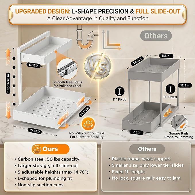 Under Sink Organizer 2 Pack, 2-Tier Metal Slide-Out, Height Adjustable | 2-pack pull-out under sink shelf, 2-tier cream white metal, adjustable height, fits U-pipes, 50lbs hold