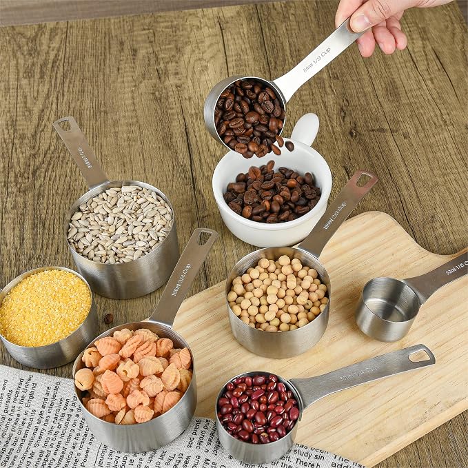 Measuring Cups Set of 7, 18/8 Stainless Steel Measuring Cups with 1/8, 1/4, 1/3, 1/2, 2/3, 3/4 & 1 Cup for Kitchen & Baking, Dry and Liquil Metal Metric Measure Cups Set