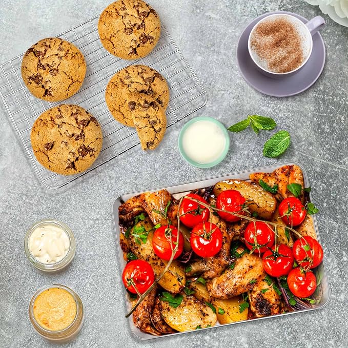P&P CHEF 9 Inch Toaster Oven Pan Tray with Wire Rack, 4 PCS | Baking Sheet Pan + Cooling Rack for Cooking/Roasting, Dishwasher Safe & Rust Free, Non-toxic & Sturdy